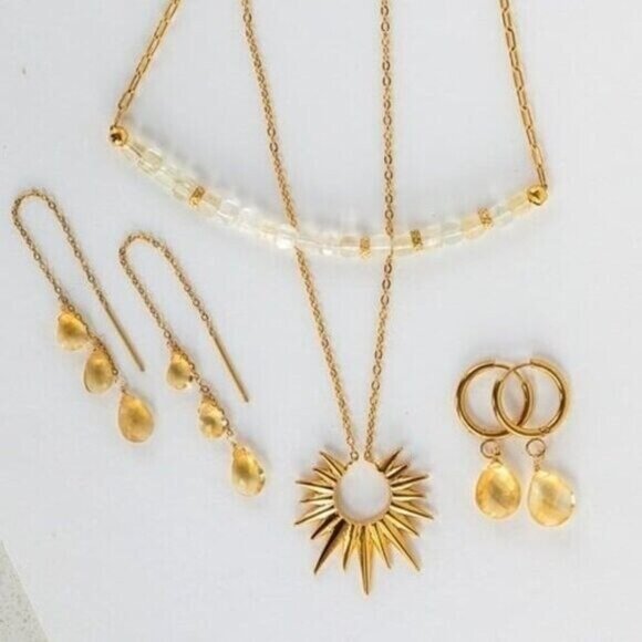 GORGEOUS Jewelry Set Citrine Beaded Necklace & Citrine Threader Earrings - Picture 2 of 15